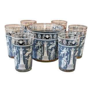 Vintage Jeannette Glass “Blue Corinthian Hellenic” Ice Bucket With Tumblers, Mid-20th Century – Set of 7 For Sale