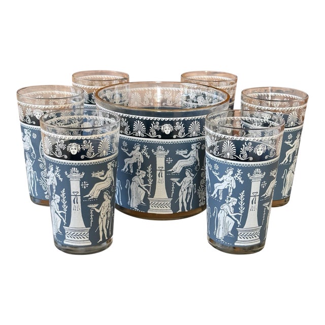 Vintage Jeannette Glass “Blue Corinthian Hellenic” Ice Bucket With Tumblers, Mid-20th Century – Set of 7 For Sale