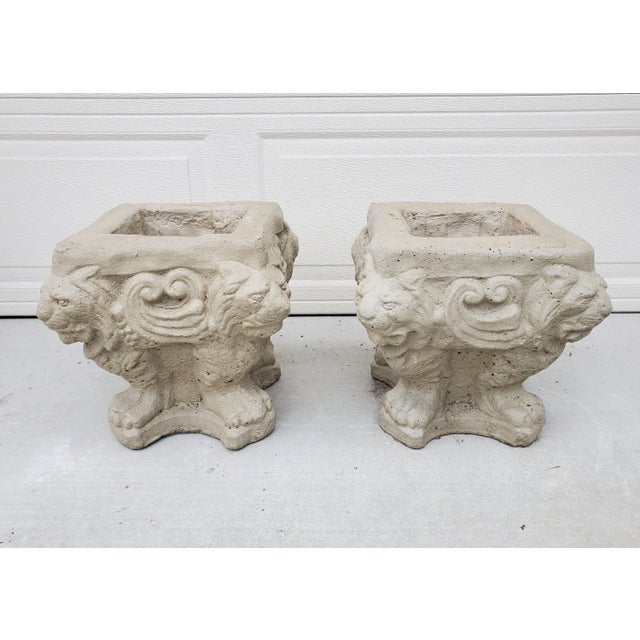 Pair of Early 20th Century Painted Square Cast Stone Lion's Heads and Paw Feet Planters For Sale - Image 13 of 13