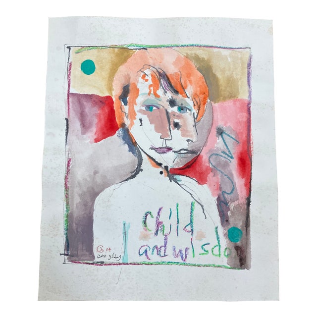 Contemporary Original Abstract Jane Gilday Watercolor Painting/Pastel” Child & Wisdom” For Sale