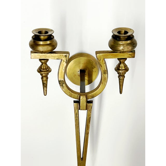 Art Deco Vintage Double Arm Brass Candle Wall Sconce For Sale - Image 3 of 7