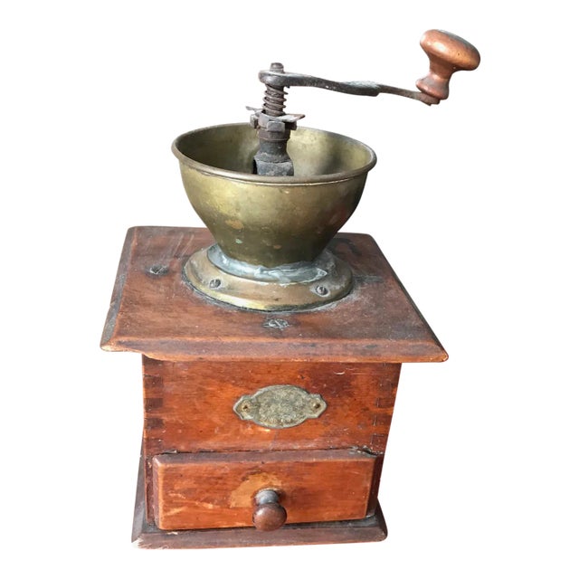 VIntage Early 1900's European Antique Wood and Brass Coffee Grinder For Sale