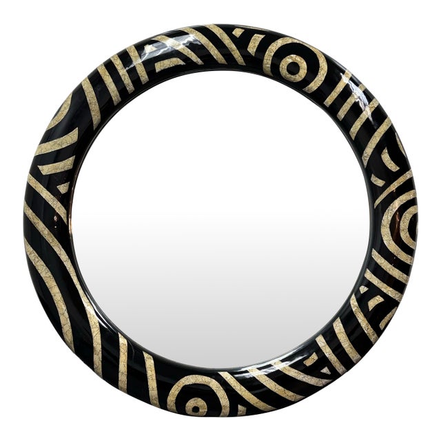 Monumental Africa Collection Eggshell Inlay Wood + Lacquer Wall Mirror, Circa 1970s For Sale