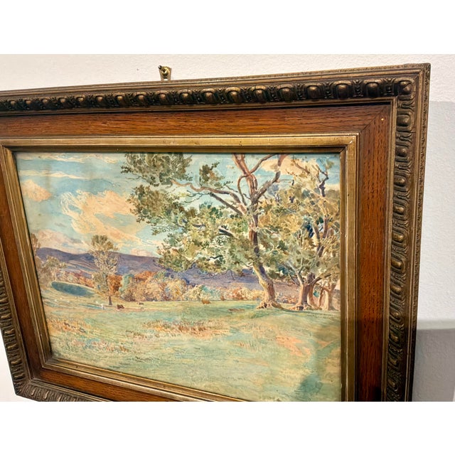 Wood Antique 1920’s Watercolor Landscape Painting For Sale - Image 7 of 7