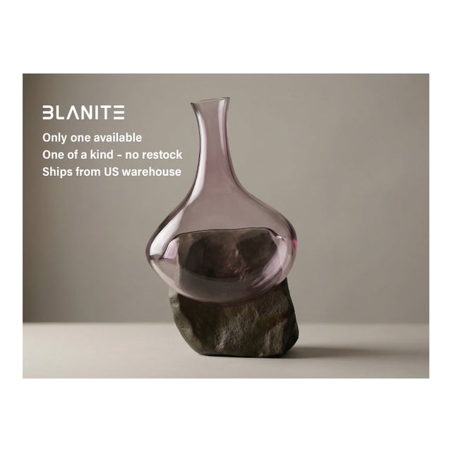 Sculptural Glass Decanter Vase With Natural Gobi Desert Stone – Collector's Statement Piece For Sale