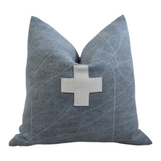 French Blue and Cream Appliqué Cross Wool & Linen Feather/Down Pillow For Sale