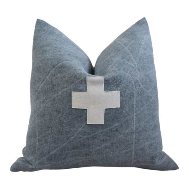 French Blue and Cream Appliqué Cross Wool & Linen Feather/Down Pillow For Sale