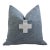 French Blue and Cream Appliqué Cross Wool & Linen Feather/Down Pillow For Sale