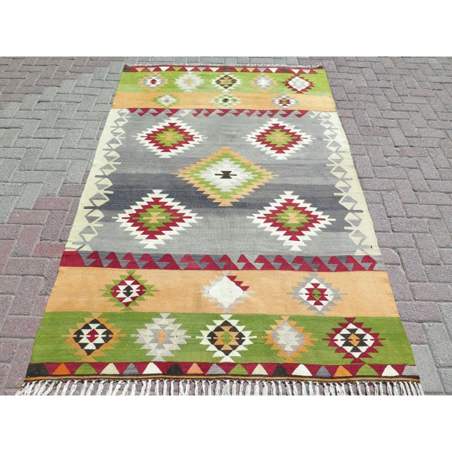 Mid 20th Century 1960's Pastel Colors Handwoven Turkish Wool Kilim Bohemian Area Rug For Sale - Image 11 of 11