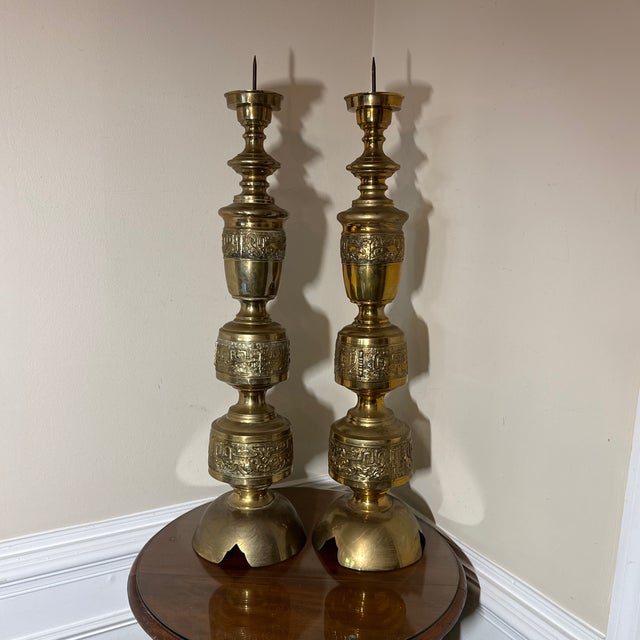 Metal 1960s James Mont Style Asian Candlesticks - A Pair For Sale - Image 7 of 9