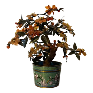 Antique Early 20th Century Chinese Hardstone & Jade Bonsai Tree in Cloisonné Enamel Flower Pot
