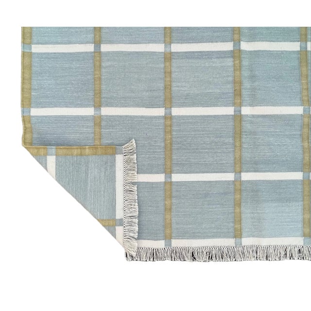 Mid-Century Modern Not Yet Made - Made To Order Handmade Cotton Natural Vegetable Dyed Gray, Cream & Olive Green Windowpane Rug - 5'x7' For Sale - Image 3 of 10