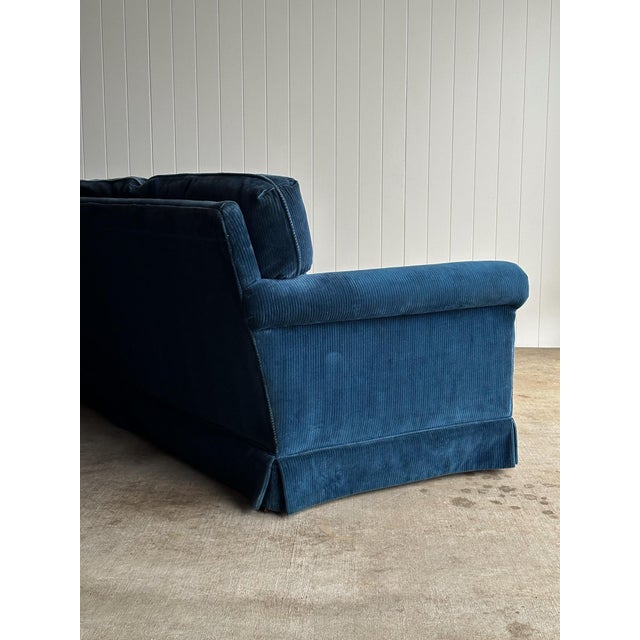 1970s Vintage Blue Corduroy Sofa With Rolled Arms For Sale - Image 14 of 18
