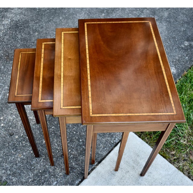 Inlaid Mahogany Nesting Tables Vintage Set of 4 Stacking Tables For Sale - Image 16 of 18
