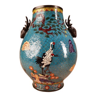 Monumental Chinese Cloisonné "Deer & Crane" Vase With Bronze Deer Handles - 13.7 LBS For Sale