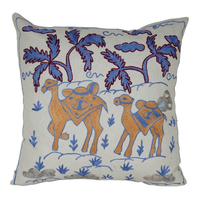 Hand Embroidered Camel Pillow Cover 19'' X 19'' For Sale