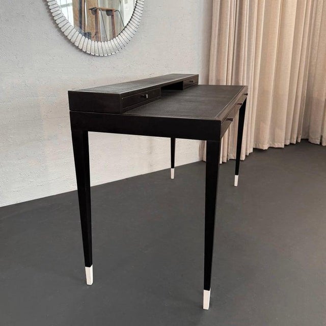 Italian Designer Tiered Black Lacquer Shagreen Leather Writing Desk For Sale - Image 11 of 14