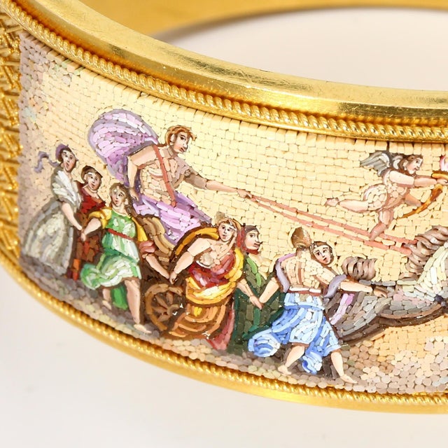 Here is a 15k Yellow Gold Micro-Mosaic Bracelet in the Etruscan Revival style likely from the 19th Century. It depicts a...