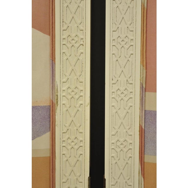 Vintage Oriental Fretwork Bone Lacquer Upholstered 6 Panel Room Divider Screen For Sale - Image 4 of 18