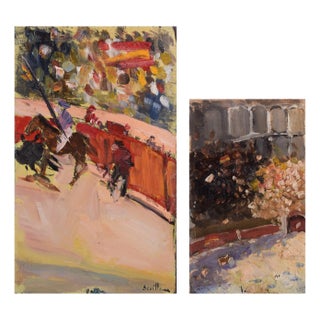 Impressionist Sketches of a Bullfight, 20th-Century, Oil on Board, Set of 2 For Sale