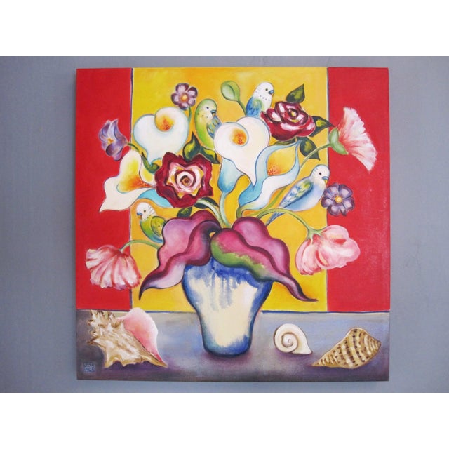 This vibrant oil painting depicts a lush bouquet teeming with colorful parakeets nestled among delicate flowers, set...