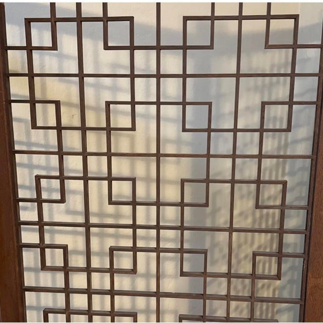 MCM 4 Panel Teak Geometric Fretwork Room Divider with intact lattice. Vintage Mid Century Modern crafted from solid teak,...