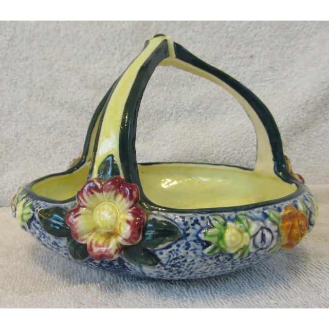 Vintage Japan Triple Handle Hand Made Hand Painted Pottery Floral Bowl For Sale In Miami - Image 6 of 13