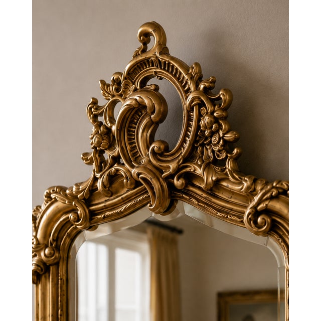 1970s French Rococo Gold Wood Floor Mirror For Sale - Image 10 of 13