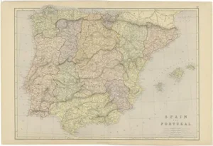 Antique Map of Spain and Portugal by Weller, 1890