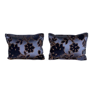 Pair of Petite Blue Velvet and Satin Decorative Pillows For Sale