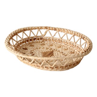 Vintage Woven Raffia Basket Tray For Sale