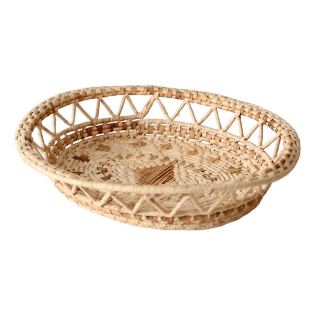 Vintage Woven Raffia Basket Tray For Sale