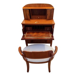 Antique Tennenbaum Flame Mahogany Secretary Desk with Leather Fall Front and Custom Bouclé Chair For Sale