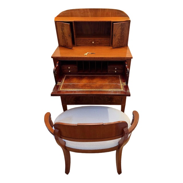 American Set of 2, American Antique Secretary Desk and Custom Bouclé Chair For Sale - Image 3 of 18