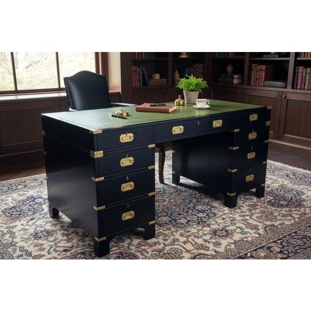 Antique British Campaign Style Executive Desk With Green Leather Writing Top For Sale - Image 11 of 17