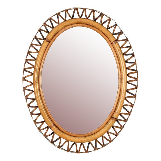 French Riviera Spring-Shaped Oval Mirror in Rattan and Wicker, Italy, 1960s For Sale