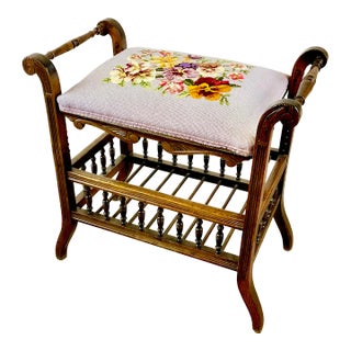 1920s Antique English Adjustable Bench Stool With Newer Needlepoint Cushion. For Sale