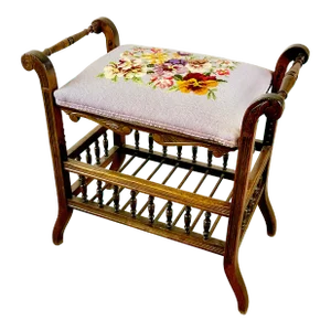 1920s Antique English Adjustable Bench Stool With Newer Needlepoint Cushion