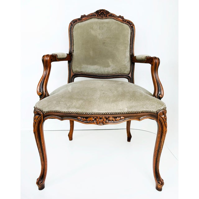 Late 20th Century Italian Chateau d'Ax Carved Armchairs in Suede With Brass NailHeads, Pair For Sale - Image 4 of 16