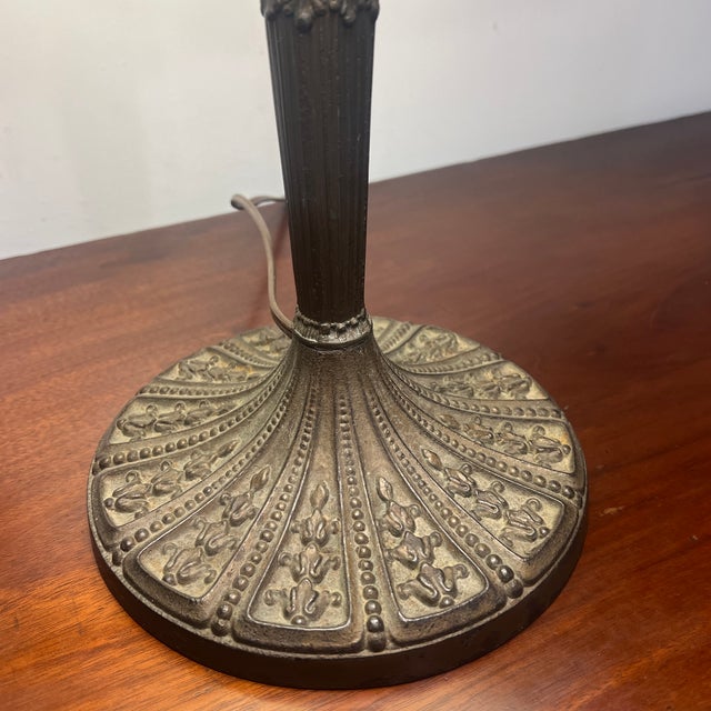 1910s 1910s Bronze Art Nouveau Slag Glass Spider Web Design Table Lamp For Sale - Image 5 of 6