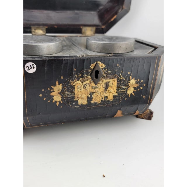 Rare Mid 1800's Antique Chinese Gilt Lacquered Tea Caddy W/ Pewter Containers. For Sale In Houston - Image 6 of 12