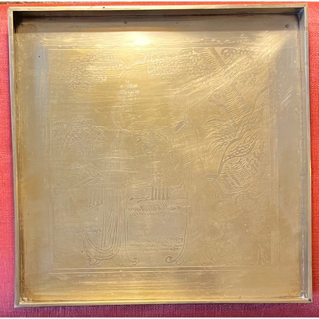 Antique Early 20th Century Japanese Meiji Period Square Brass Tray With Etched Court Scene For Sale - Image 10 of 17