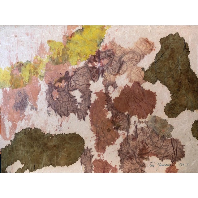 This is an interesting abstract work done with handmade Japanese Kozo or Washi type fiber paper mounted on board. Hand...