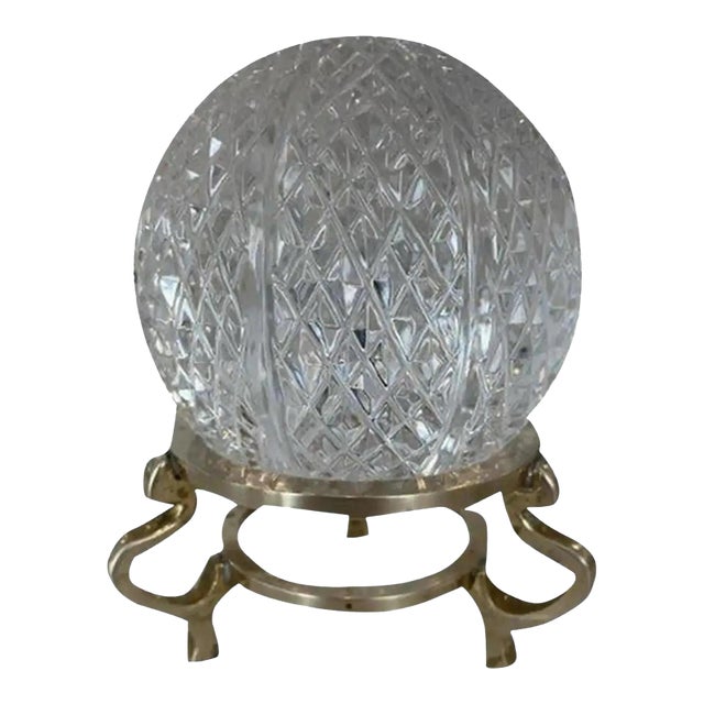 Vintage Hand Cut Crystal Ball & Brass Stand For Sale