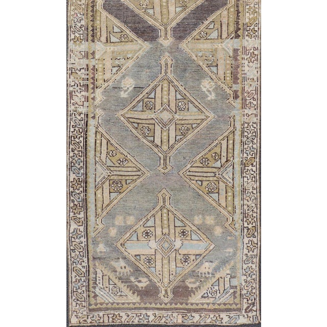 Charcoal Antique Persian Kurdish Runner With Medallion in Charcoal, Blue, and Acid Green For Sale - Image 8 of 12