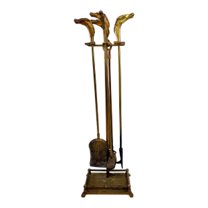 Vintage Brass Horse Head Fireplace Tool Set With Stand — 5-Piece Equestrian Motif