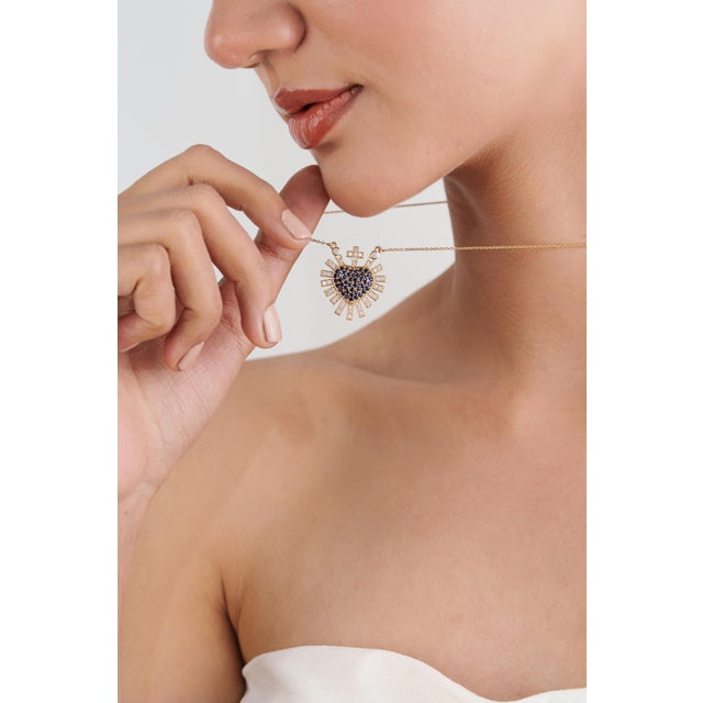 Not Yet Made - Made To Order Blue Sapphire Diamond Sacred Heart Sunburst Pendant Necklace in 14k Yellow Gold For Sale - Image 5 of 16