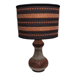 Vintage Table Lamp with Beige-Brown Ceramic Base and Fabric Shade from Lamplove, 1970s For Sale