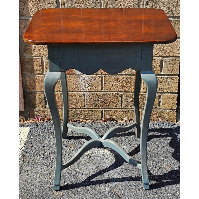 American Hickory Chair Walnut and Damask Blue Painted Single Drawer Side Table For Sale - Image 3 of 8