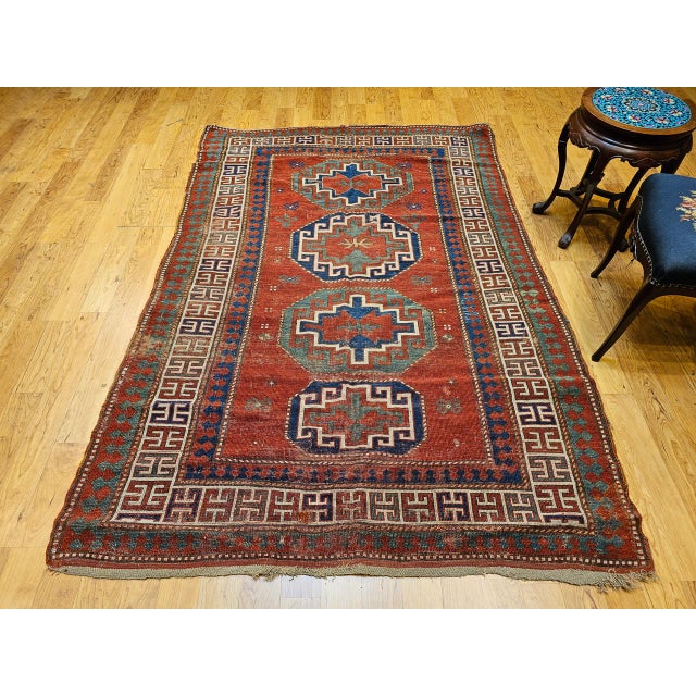 Tribal Antique Caucasian Kazak Rug, Handwoven Wool, Geometric Medallion Design, Red & Ivory, 5' x 7' For Sale - Image 3 of 17